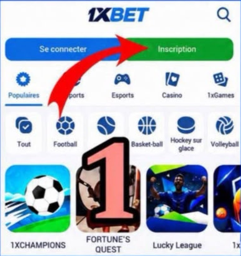 Écran d'accueil 1xBet, bouton Inscription