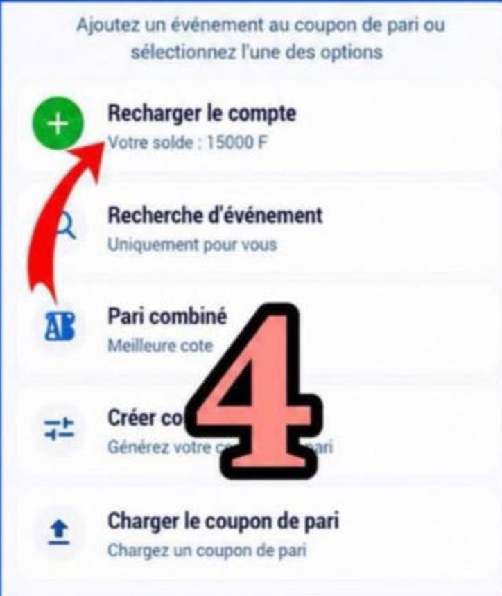 Menu 1xBet avec l'option Recharger le compte
