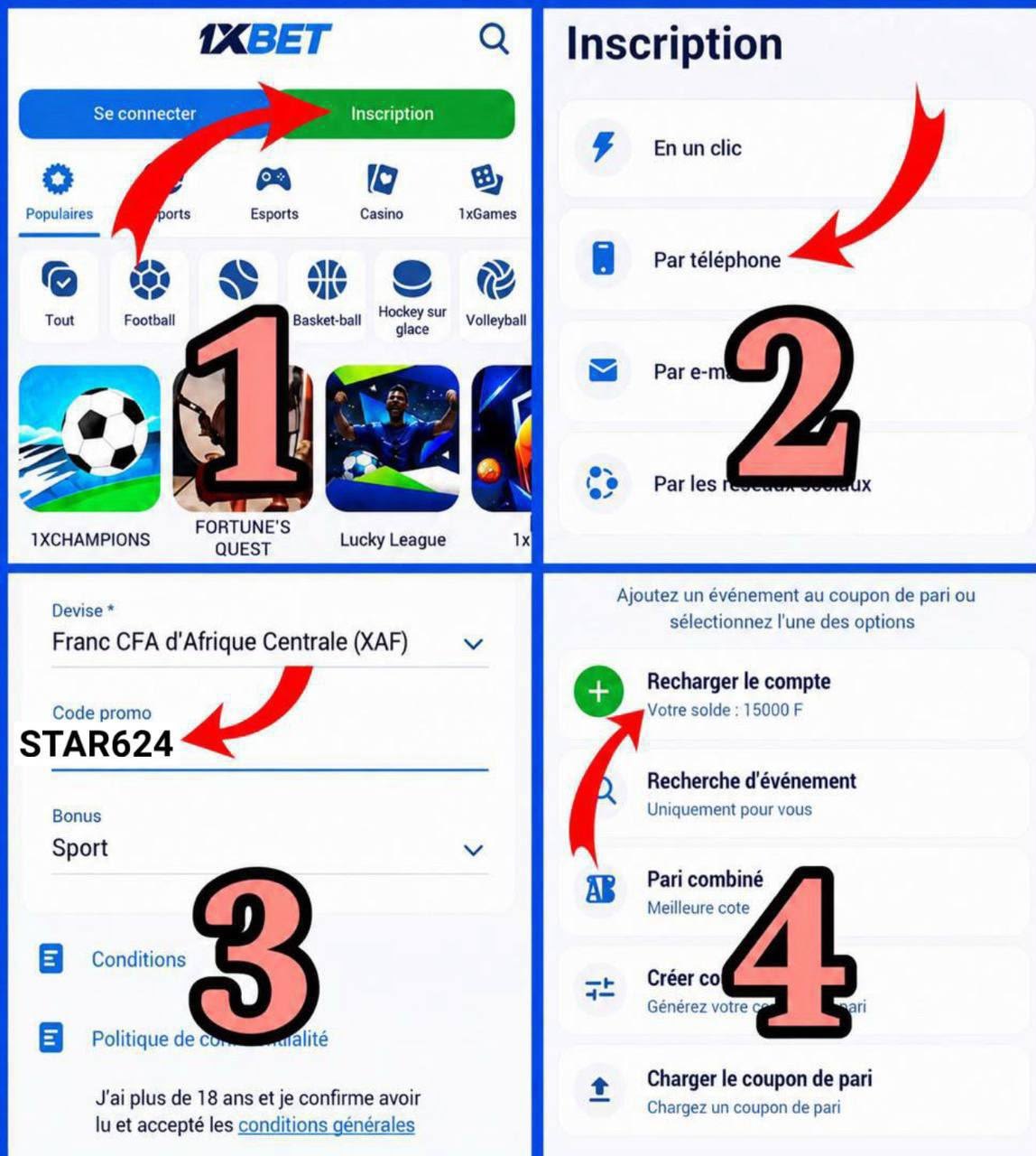 Les 4 étapes d'inscription sur 1xBet avec le code promo STAR624